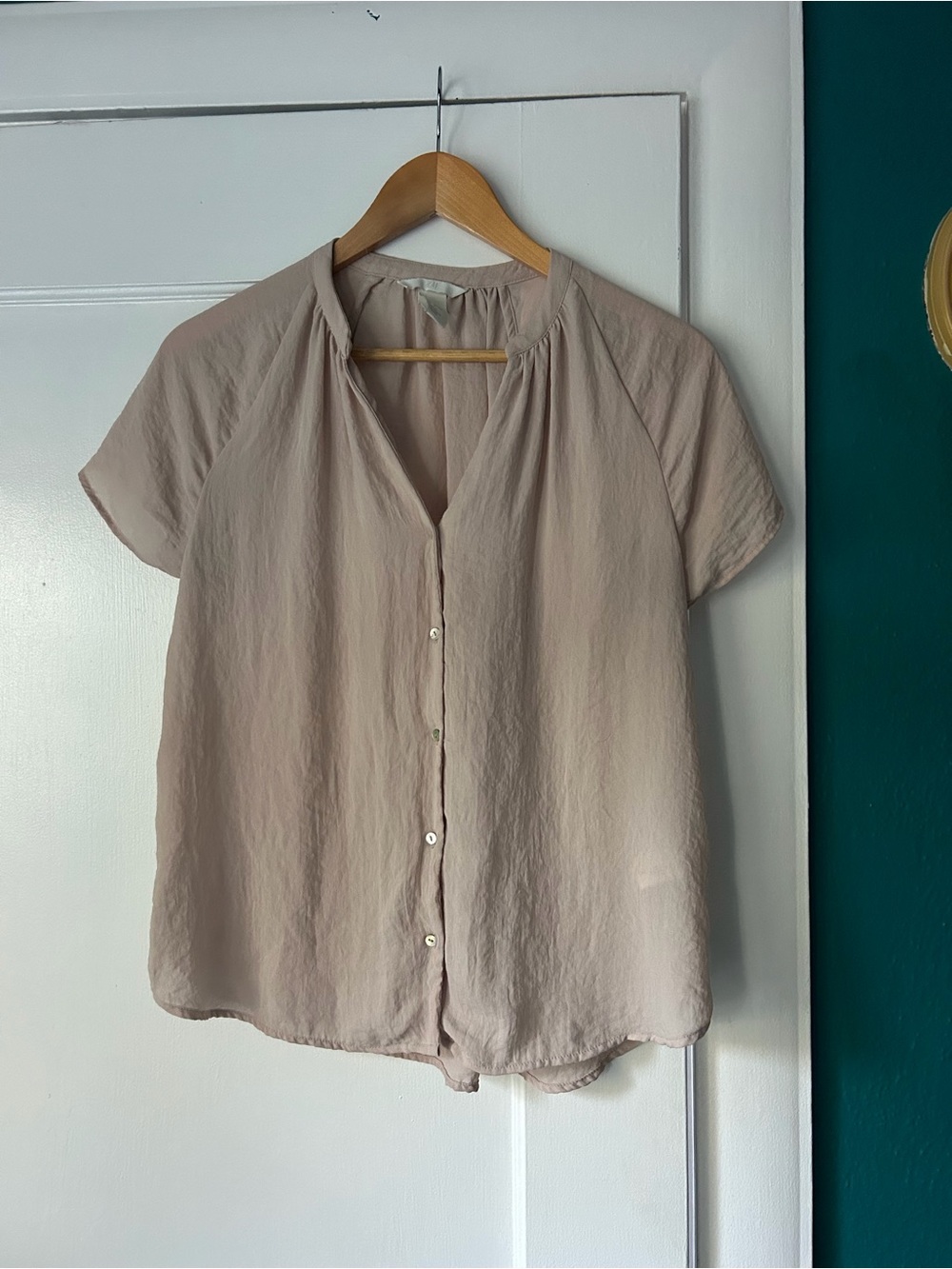 H&M Light Pink Beige Short-Sleeve Button Front Blouse